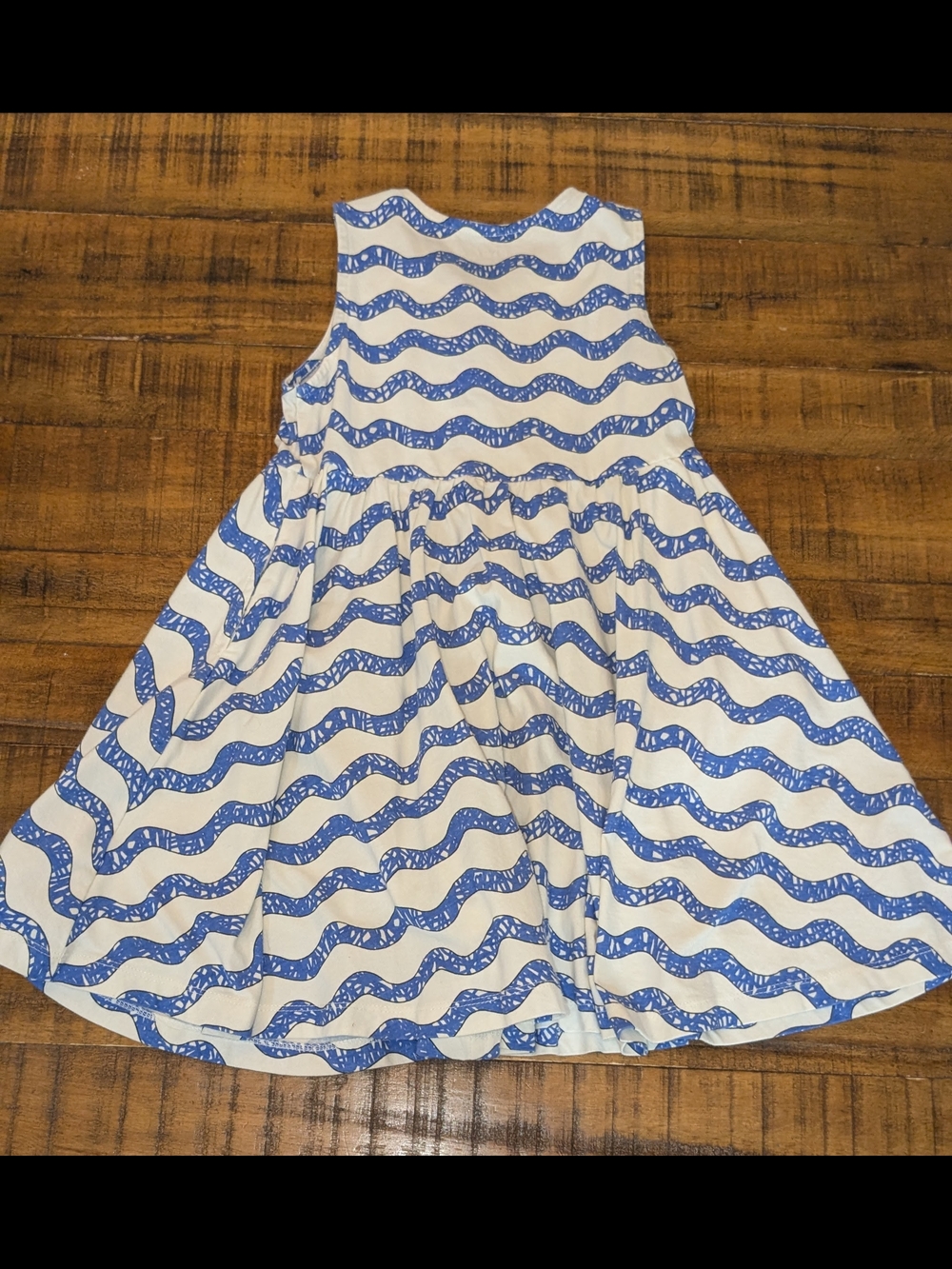 Girls Sleeveless White Dress with Blue Wave Print